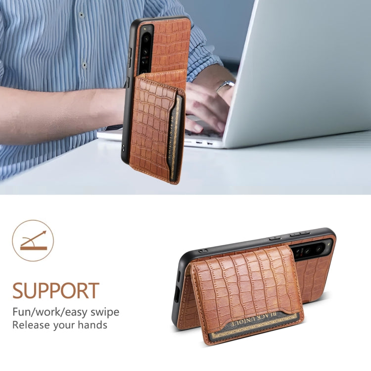 For Sony Xperia 1 IV Crocodile Texture Card Bag Design Full Coverage Phone Case(Brown)