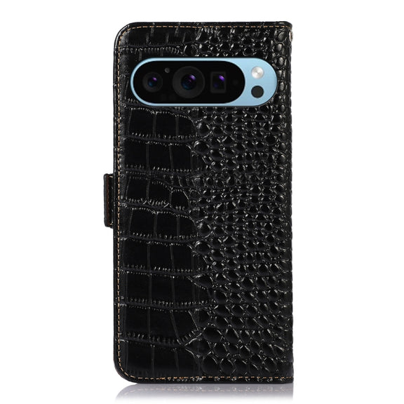 For Google Pixel 9 Crocodile Top Layer Cowhide Leather Phone Case(Black)