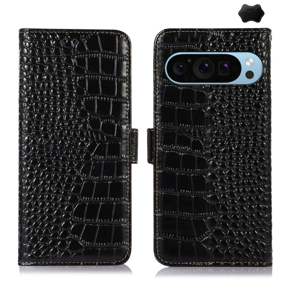 For Google Pixel 9 Crocodile Top Layer Cowhide Leather Phone Case(Black)