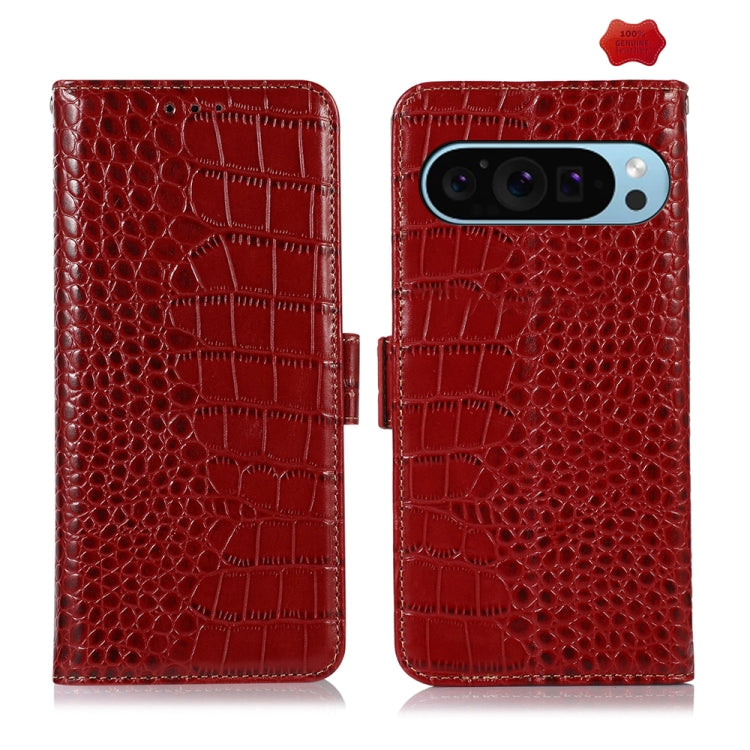 For Google Pixel 9 Crocodile Top Layer Cowhide Leather Phone Case(Red)
