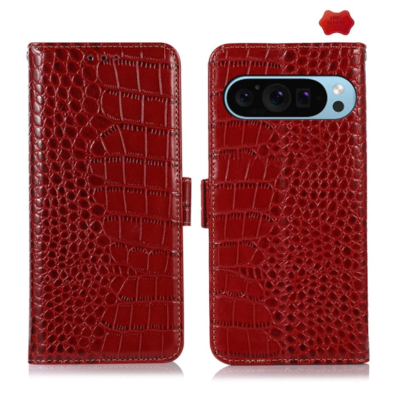 For Google Pixel 9 Crocodile Top Layer Cowhide Leather Phone Case(Red)