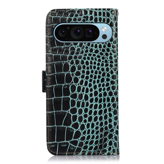 For Google Pixel 9 Crocodile Top Layer Cowhide Leather Phone Case(Green)