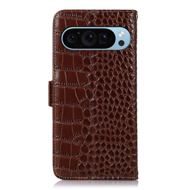 For Google Pixel 9 Crocodile Top Layer Cowhide Leather Phone Case(Brown)