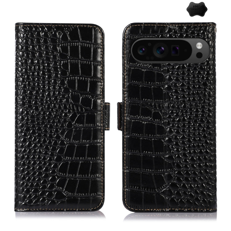 For Google Pixel 9 Pro Crocodile Top Layer Cowhide Leather Phone Case(Black)