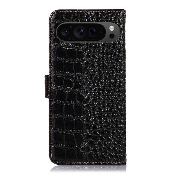 For Google Pixel 9 Pro Crocodile Top Layer Cowhide Leather Phone Case(Black)