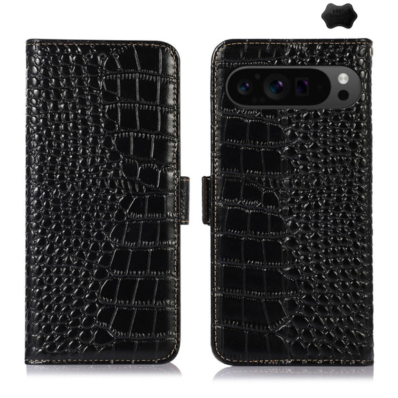 For Google Pixel 9 Pro Crocodile Top Layer Cowhide Leather Phone Case(Black)