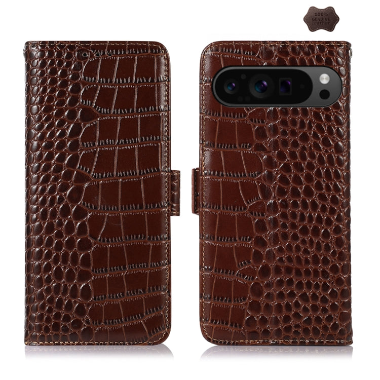 For Google Pixel 10 Pro / 9 Pro Crocodile Top Layer Cowhide Leather Phone Case(Brown)