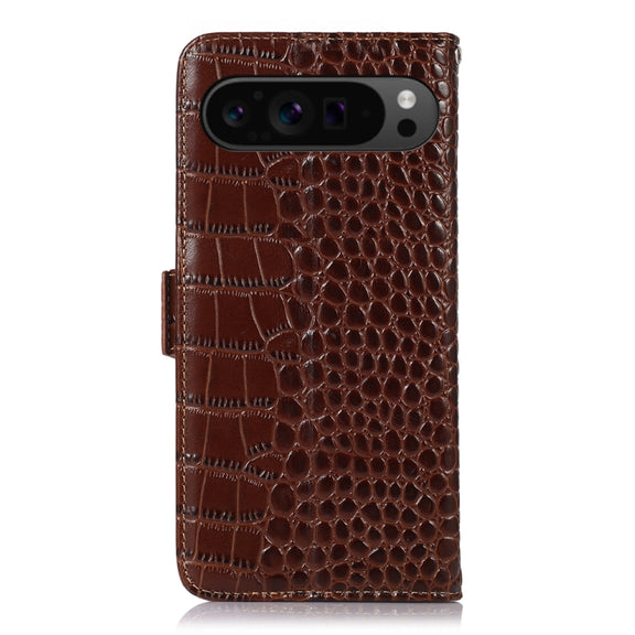 For Google Pixel 10 Pro / 9 Pro Crocodile Top Layer Cowhide Leather Phone Case(Brown)