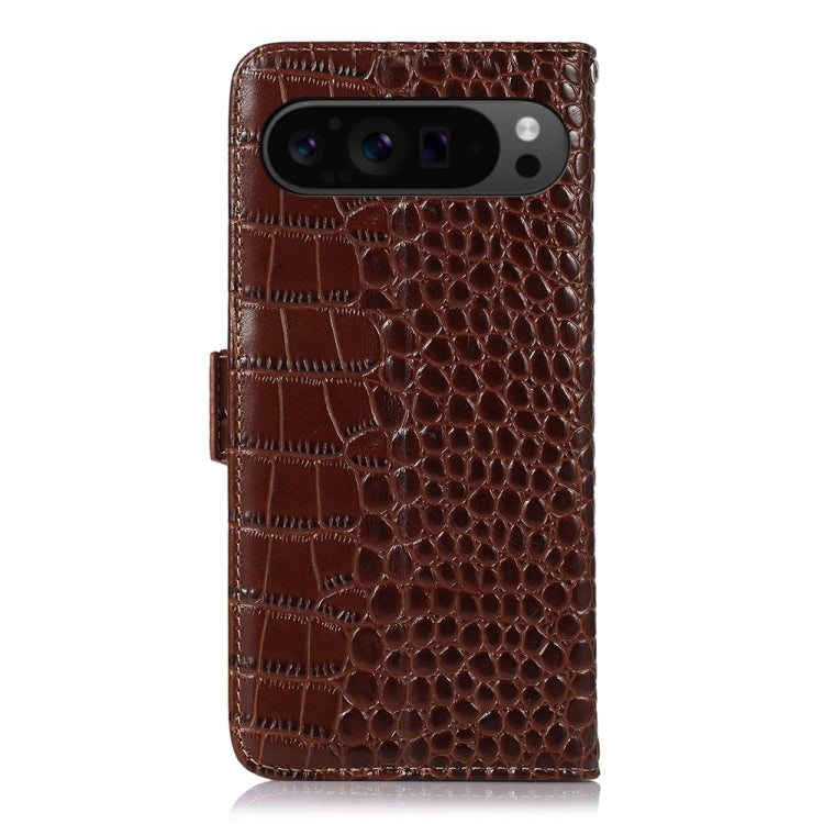 For Google Pixel 10 Pro / 9 Pro Crocodile Top Layer Cowhide Leather Phone Case(Brown)