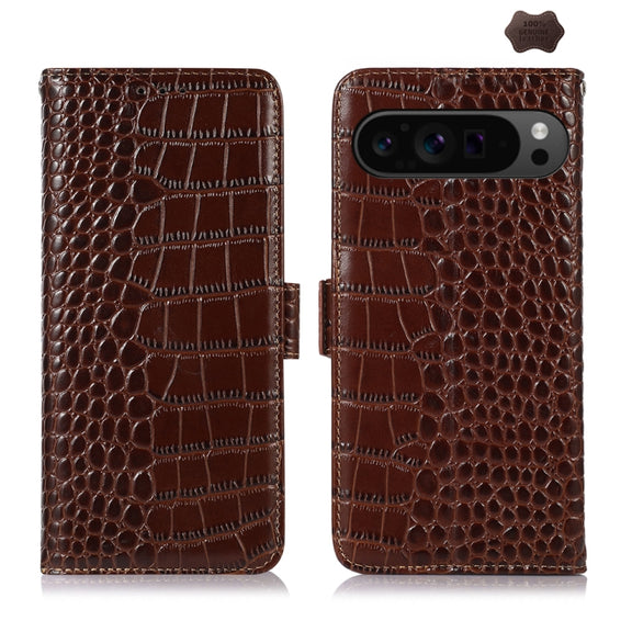 For Google Pixel 10 Pro / 9 Pro Crocodile Top Layer Cowhide Leather Phone Case(Brown)