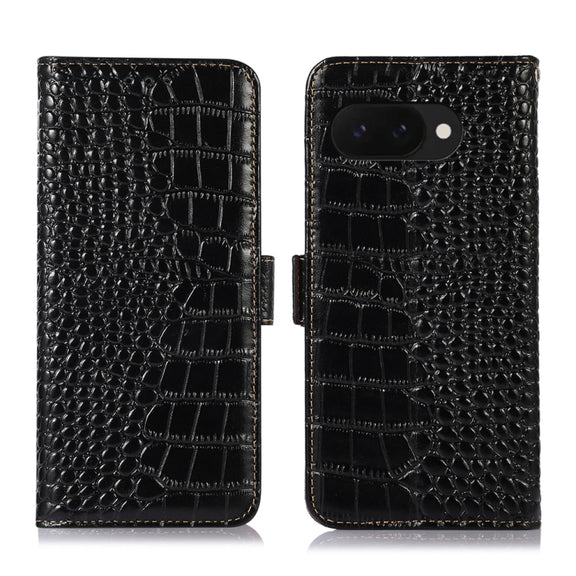 For Google Pixel 9a Crocodile Top Layer Cowhide Leather Phone Case(Black)