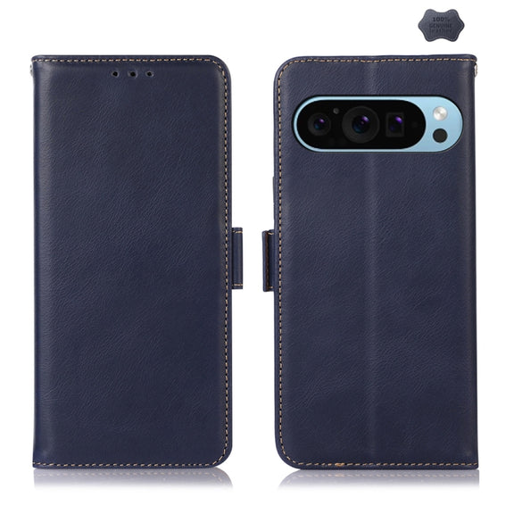 For Google Pixel 9 Crazy Horse Top Layer Cowhide Leather Phone Case(Blue)