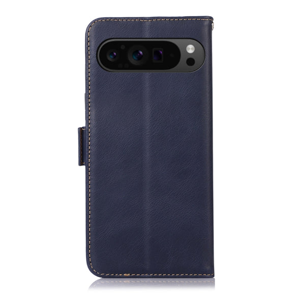 For Google Pixel 9 Pro Crazy Horse Top Layer Cowhide Leather Phone Case(Blue)