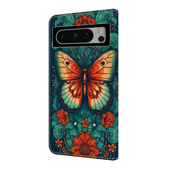 For Google Pixel 9 Pro Crystal Painted Leather Phone case(Flower Butterfly)