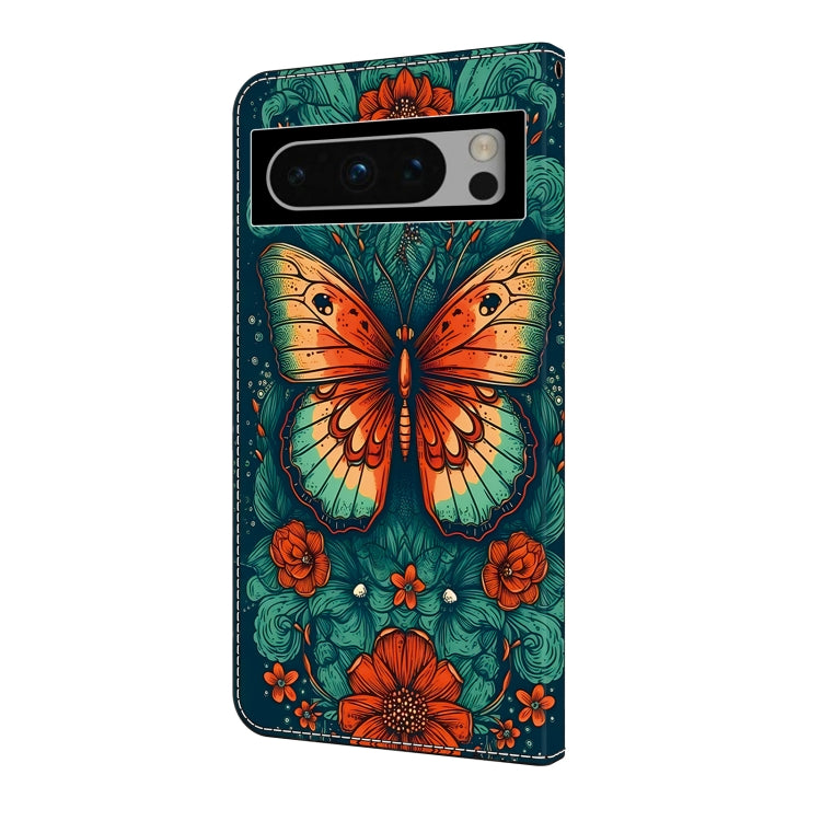 For Google Pixel 9 Pro Crystal Painted Leather Phone case(Flower Butterfly)