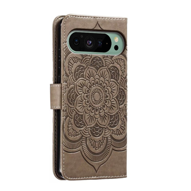 For Google Pixel 9 Sun Mandala Embossing Pattern Phone Leather Case(Grey)