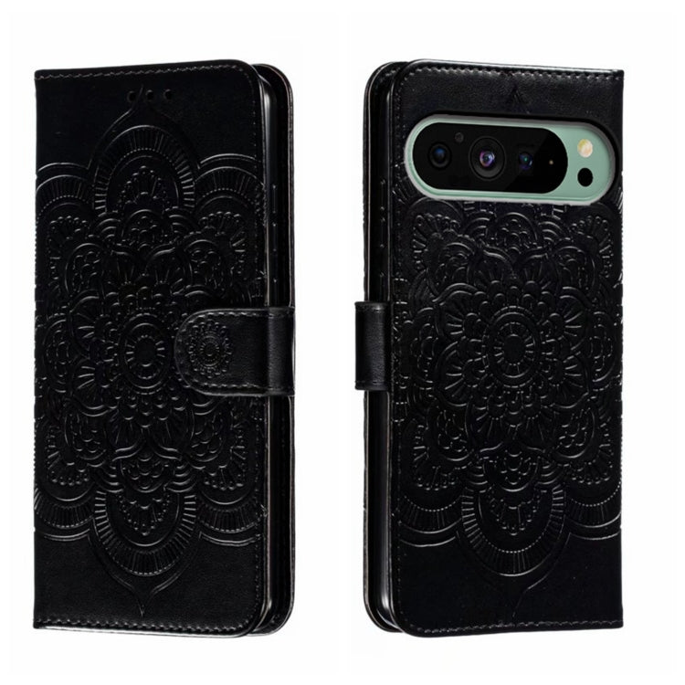For Google Pixel 9 Sun Mandala Embossing Pattern Phone Leather Case(Black)