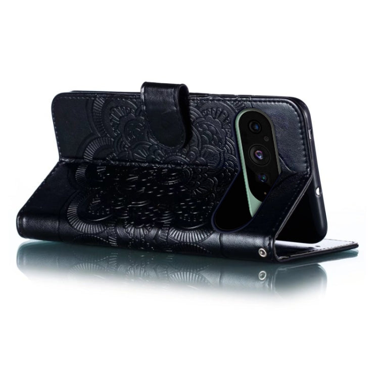 For Google Pixel 9 Sun Mandala Embossing Pattern Phone Leather Case(Black)