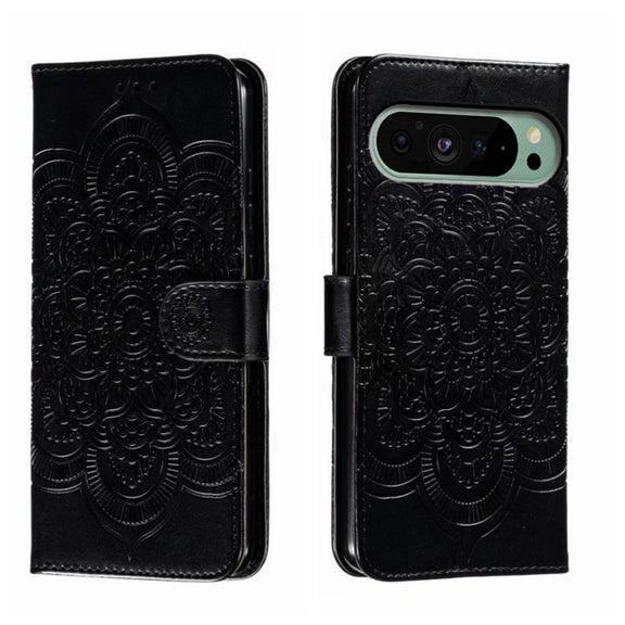 For Google Pixel 9 Sun Mandala Embossing Pattern Phone Leather Case(Black)