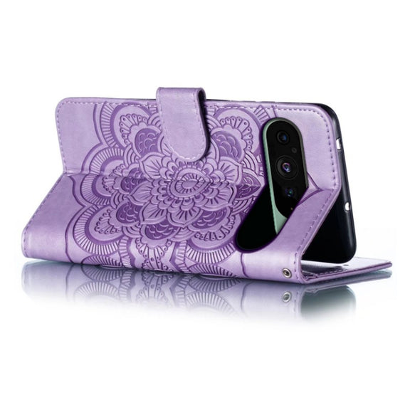 For Google Pixel 9 Sun Mandala Embossing Pattern Phone Leather Case(Purple)