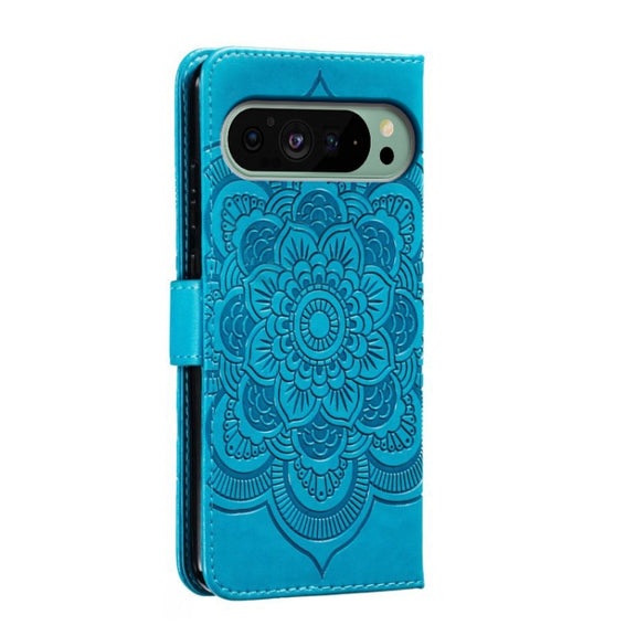 For Google Pixel 9 Sun Mandala Embossing Pattern Phone Leather Case(Blue)