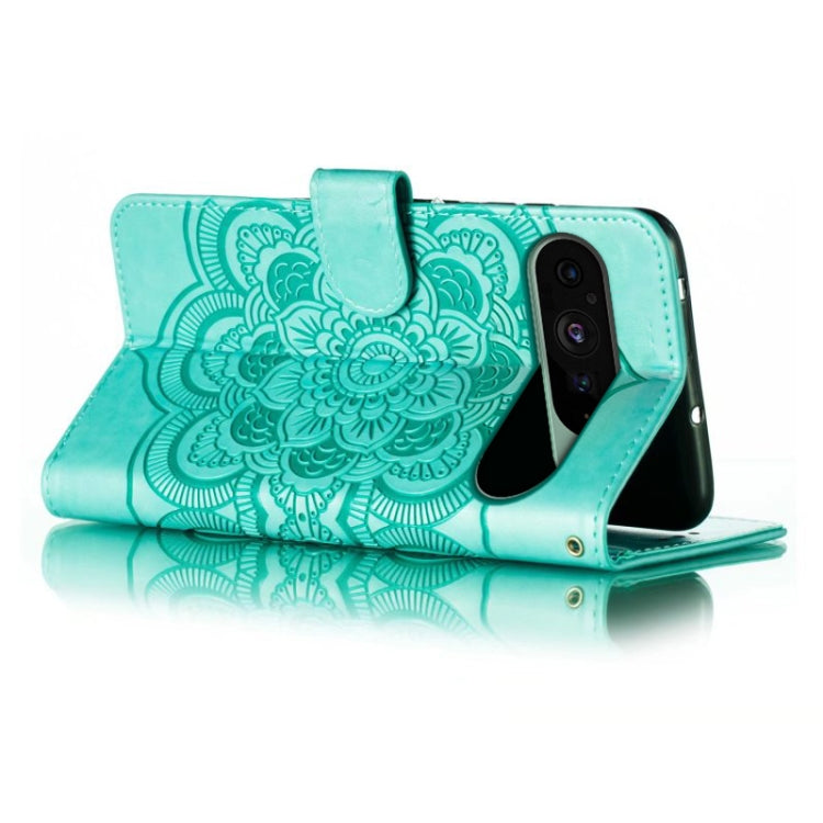 For Google Pixel 9 Sun Mandala Embossing Pattern Phone Leather Case(Green)