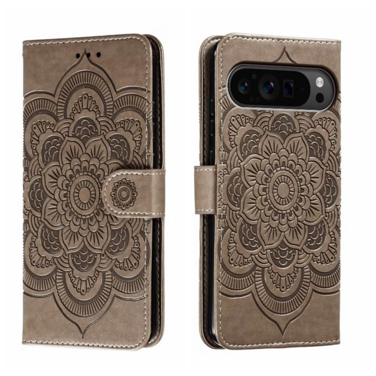 For Google Pixel 9 Pro Sun Mandala Embossing Pattern Phone Leather Case(Grey)
