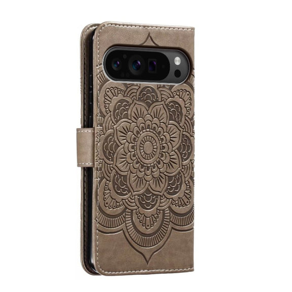For Google Pixel 9 Pro Sun Mandala Embossing Pattern Phone Leather Case(Grey)