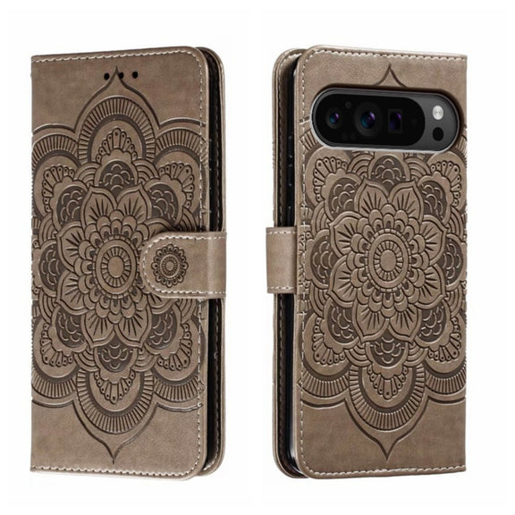 For Google Pixel 9 Pro Sun Mandala Embossing Pattern Phone Leather Case(Grey)