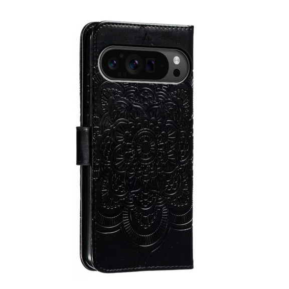 For Google Pixel 9 Pro Sun Mandala Embossing Pattern Phone Leather Case(Black)