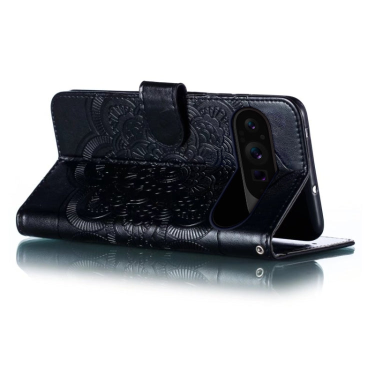 For Google Pixel 9 Pro Sun Mandala Embossing Pattern Phone Leather Case(Black)