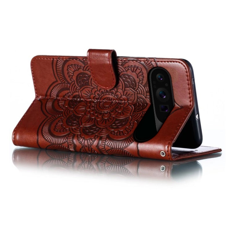 For Google Pixel 9 Pro Sun Mandala Embossing Pattern Phone Leather Case(Brown)