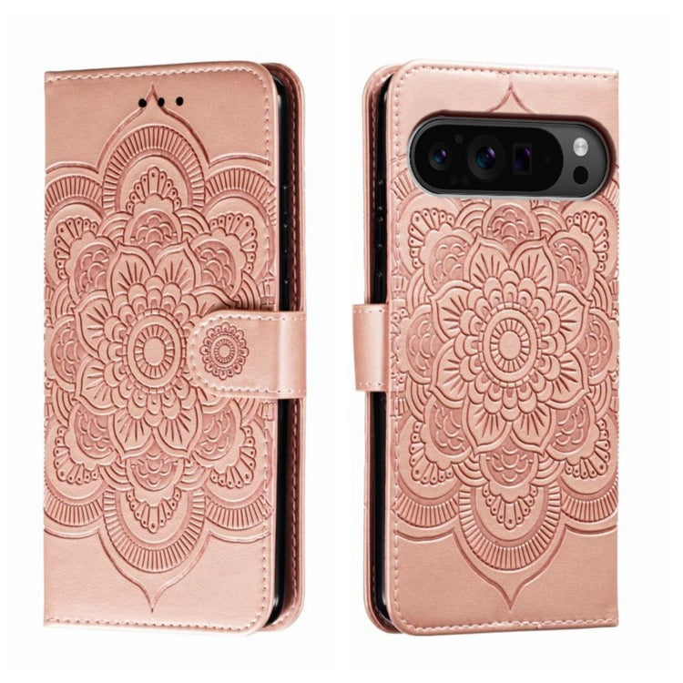 For Google Pixel 9 Pro Sun Mandala Embossing Pattern Phone Leather Case(Rose Gold)