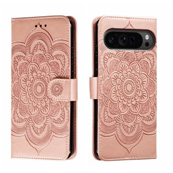 For Google Pixel 9 Pro Sun Mandala Embossing Pattern Phone Leather Case(Rose Gold)