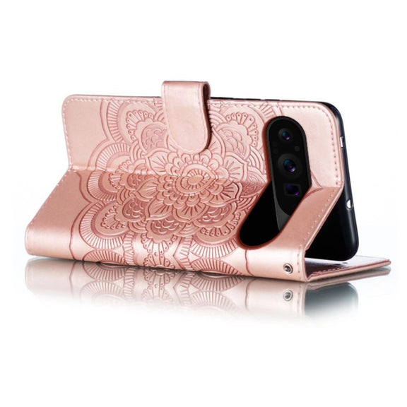 For Google Pixel 9 Pro Sun Mandala Embossing Pattern Phone Leather Case(Rose Gold)