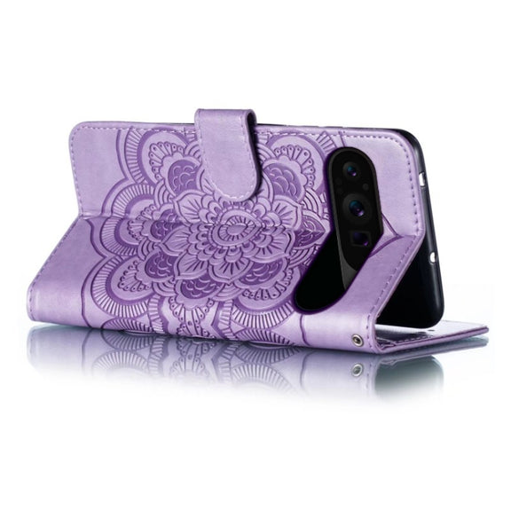 For Google Pixel 9 Pro Sun Mandala Embossing Pattern Phone Leather Case(Purple)