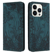 For iPhone 16 Pro Retro Elephant Embossed Leather Phone Case(Green)