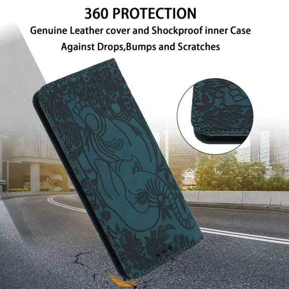 For iPhone 16 Pro Retro Elephant Embossed Leather Phone Case(Green)