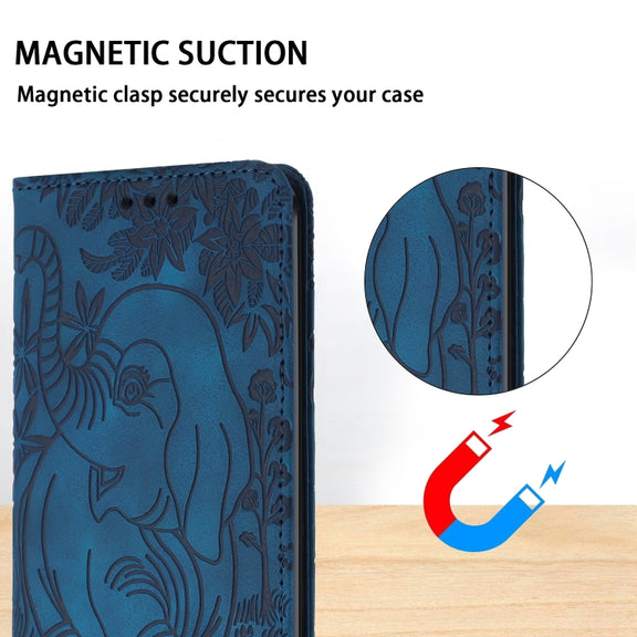 For iPhone 16 Plus Retro Elephant Embossed Leather Phone Case(Blue)