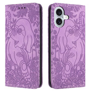 For iPhone 16 Retro Elephant Embossed Leather Phone Case(Purple)