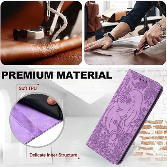 For iPhone 16 Retro Elephant Embossed Leather Phone Case(Purple)