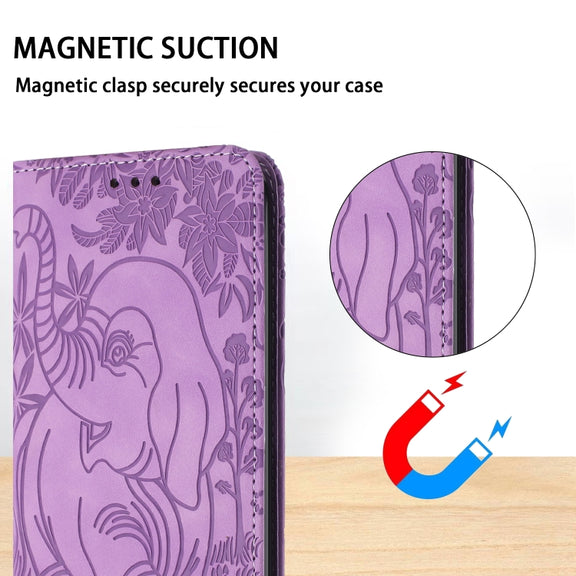 For iPhone 16 Retro Elephant Embossed Leather Phone Case(Purple)