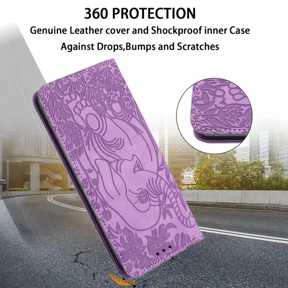 For iPhone 16 Retro Elephant Embossed Leather Phone Case(Purple)