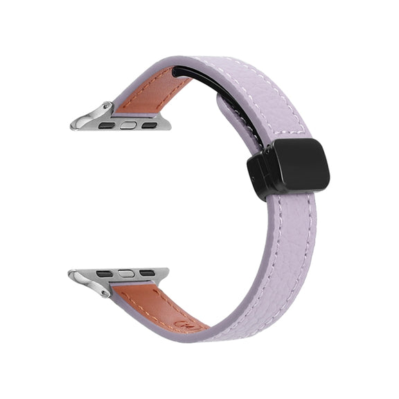 For Apple Watch 42mm Slim Magnetic Buckle Genuine Leather Watch Band(Litchi Lavender)
