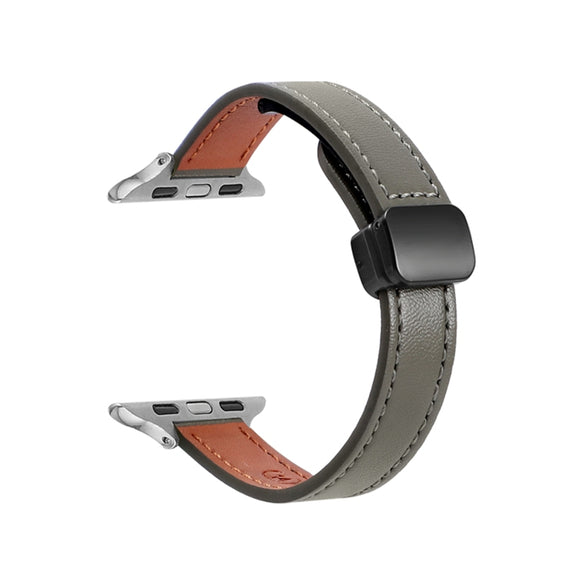 For Apple Watch 38mm Slim Magnetic Buckle Genuine Leather Watch Band(Plain Avocado Green)