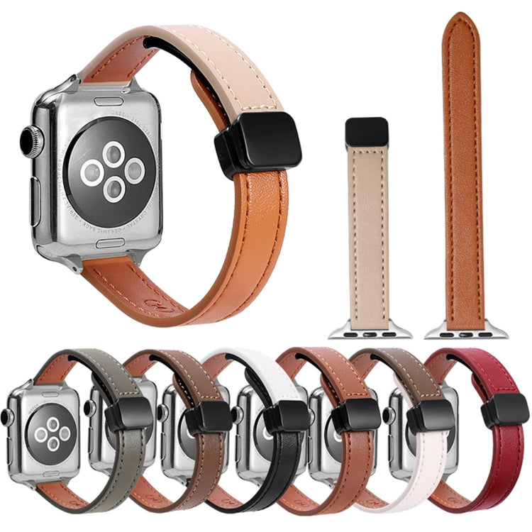 For Apple Watch Series 3 38mm Slim Magnetic Buckle Genuine Leather Watch Band(Plain Beige)