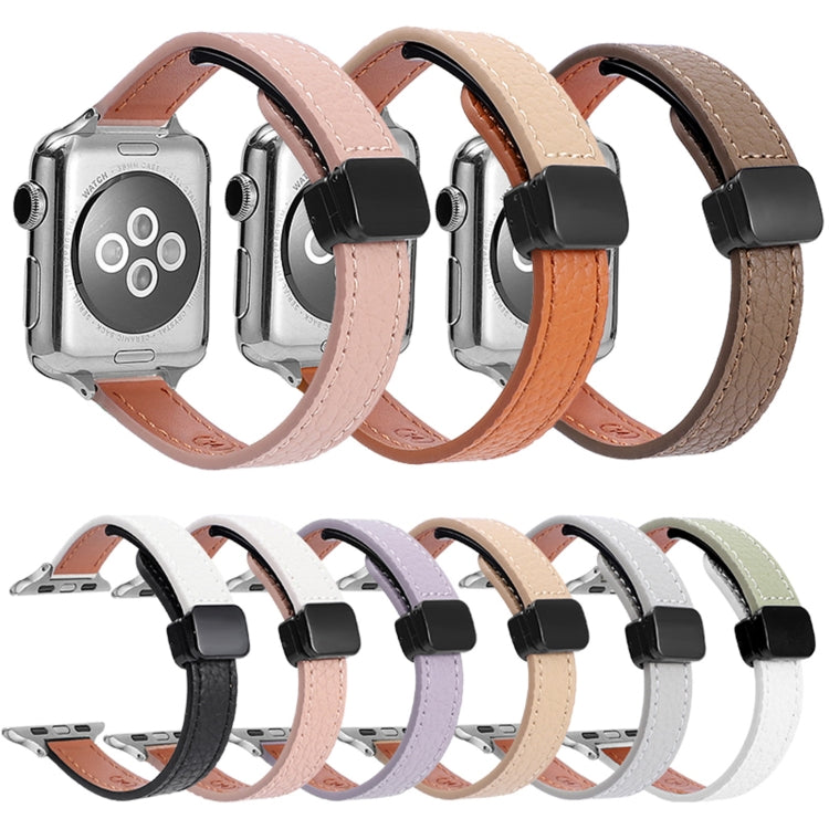 For Apple Watch 42mm Slim Magnetic Buckle Genuine Leather Watch Band(Plain Beige)