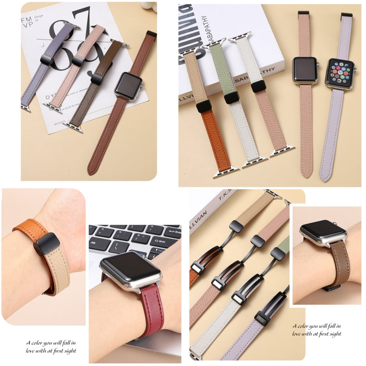 For Apple Watch Series 5 40mm Slim Magnetic Buckle Genuine Leather Watch Band(Plain Coffee)