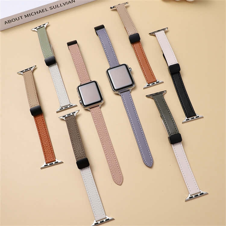For Apple Watch Series 3 38mm Slim Magnetic Buckle Genuine Leather Watch Band(Plain Apricot)