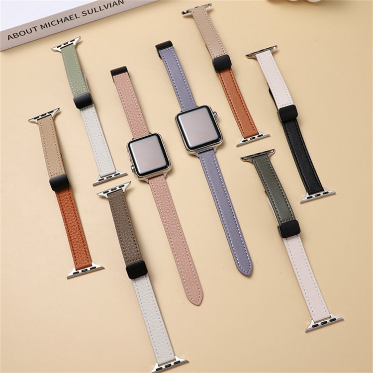 For Apple Watch 42mm Slim Magnetic Buckle Genuine Leather Watch Band(Plain Brown)